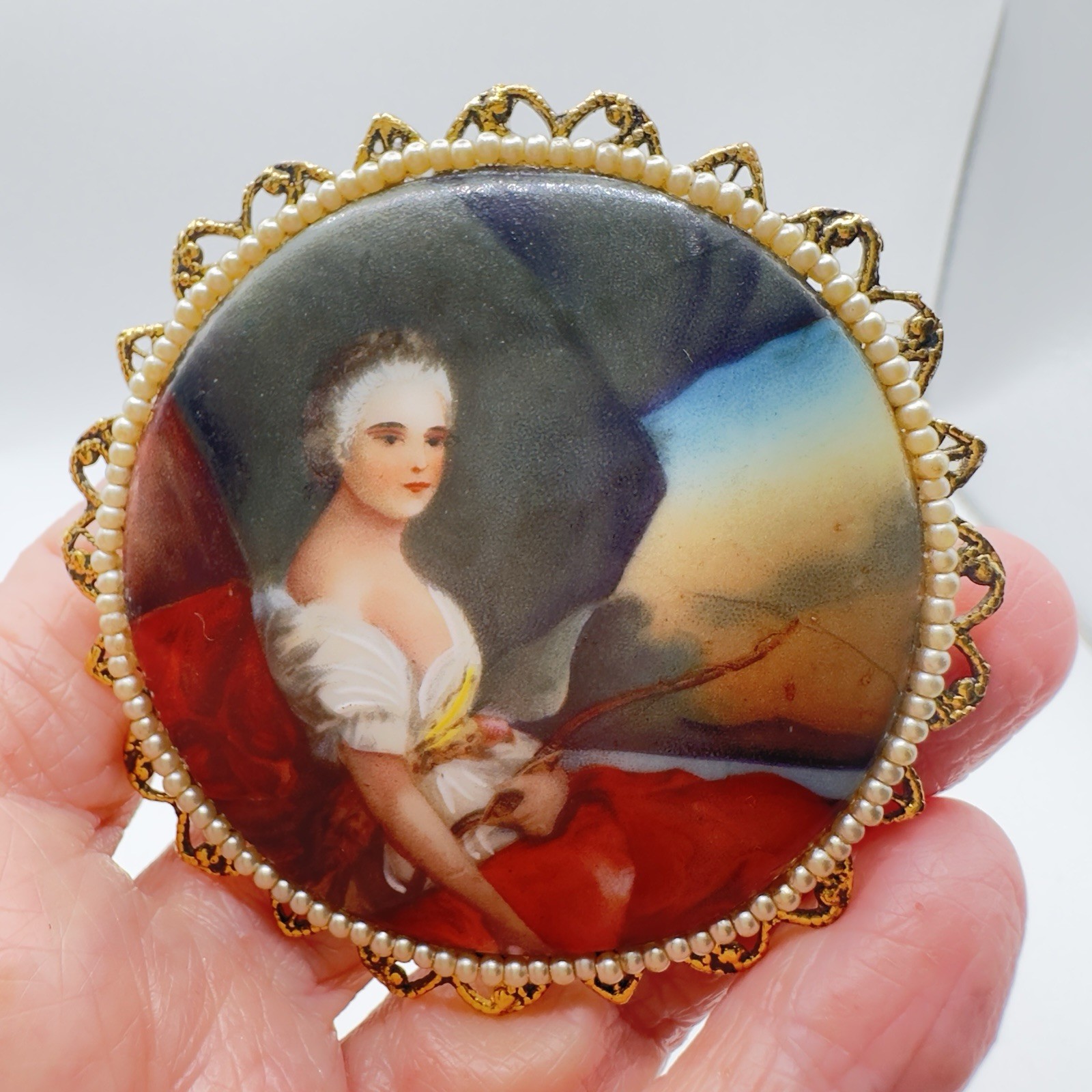 Vintage Porcelain Portrait Brooch Pendant Victorian Revival Faux Pearl Filigree