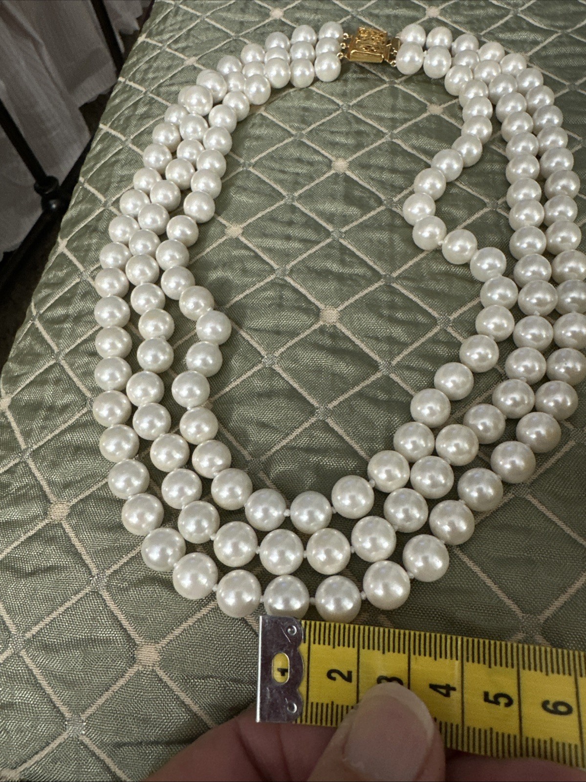 20” Three Strand 1cm Faux Pearl Necklace W Gold tone Closure