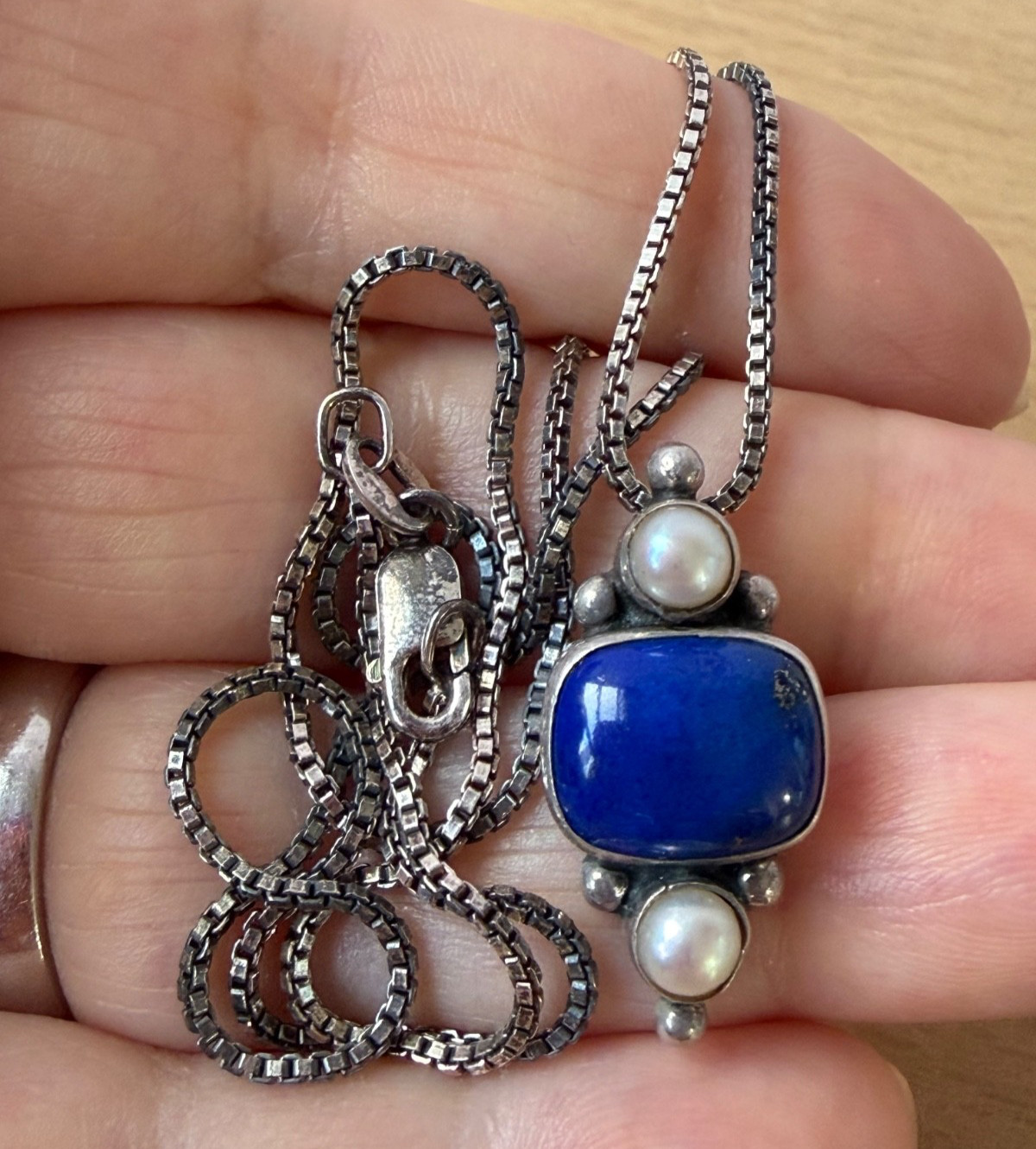 VINTAGE JGD JANICE GIRARDI LAPIS PEARL PENDANT CHAIN NECKLACE 925 STERLING SLVER