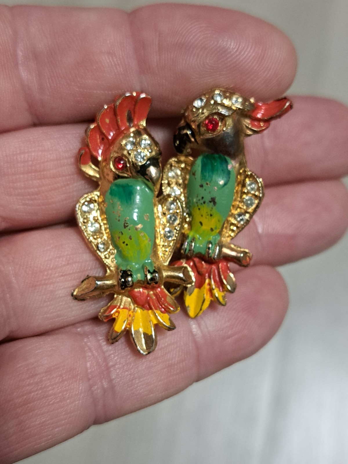 Vintage Rhinestone And Goldtones Pair Of Parrot Brooches