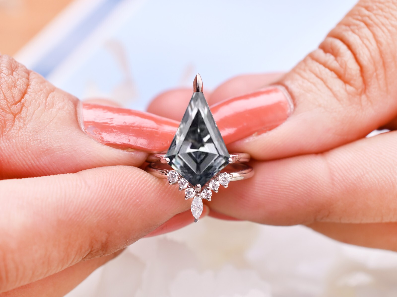 Kite 12X7MM Grey Diamond Engagement Ring Sets Kite Shaped Diamond Wedding Rings