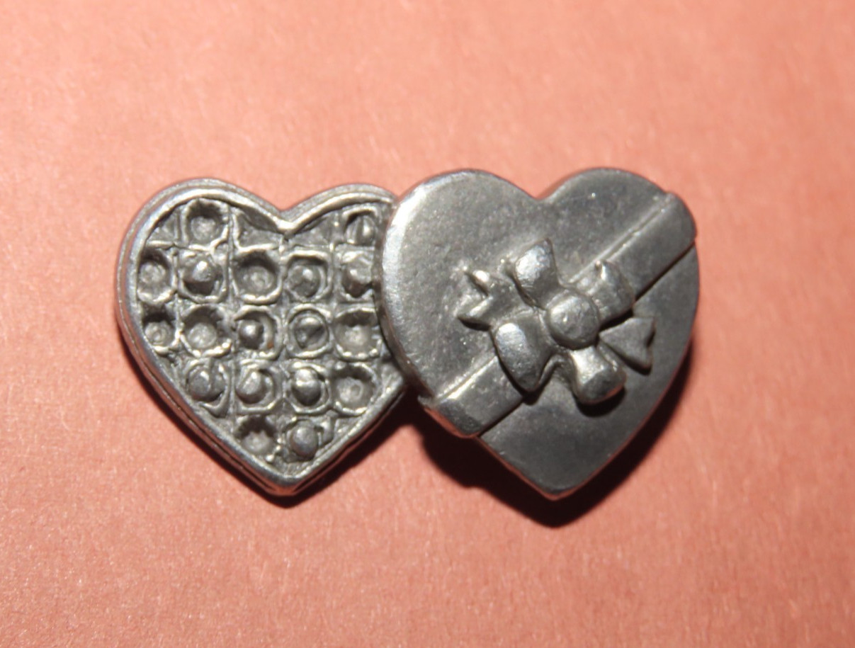1980s PIN BOX OF CHOCOLATES HEART SHAPED HANDCRAFTED CLIFT PEWTER SIGNED