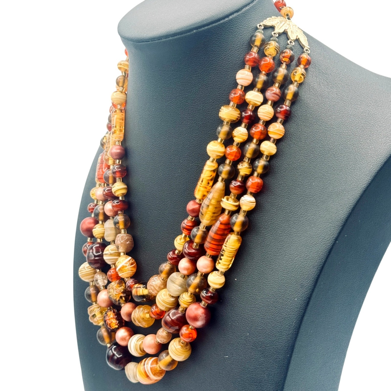 Vintage Multi-Strand Glass Bead Bib Necklace Handmade Lampwork Fall Colors