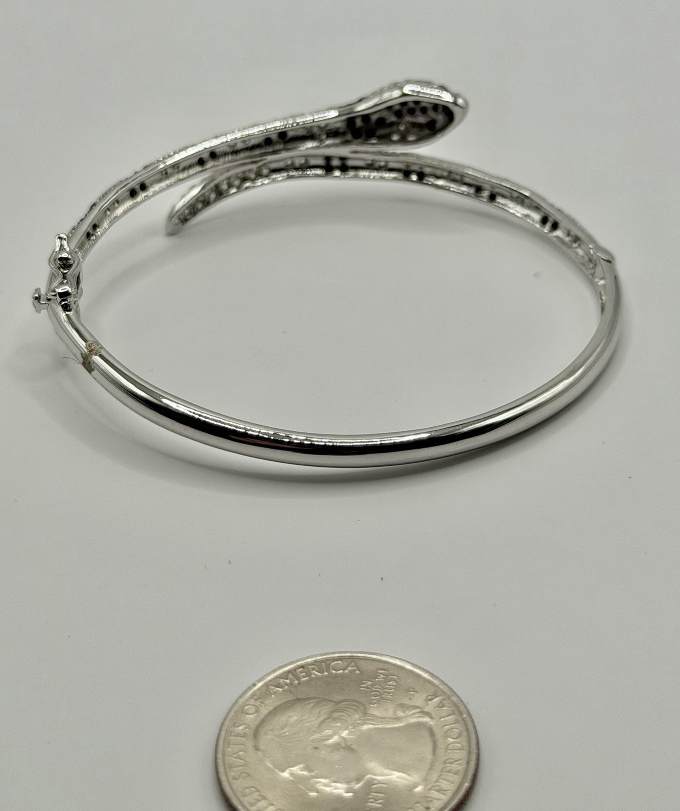 Vintage Black & Clear Crystal Hinged SNAKE Sterling Bangle Bracelet 7 3/4”