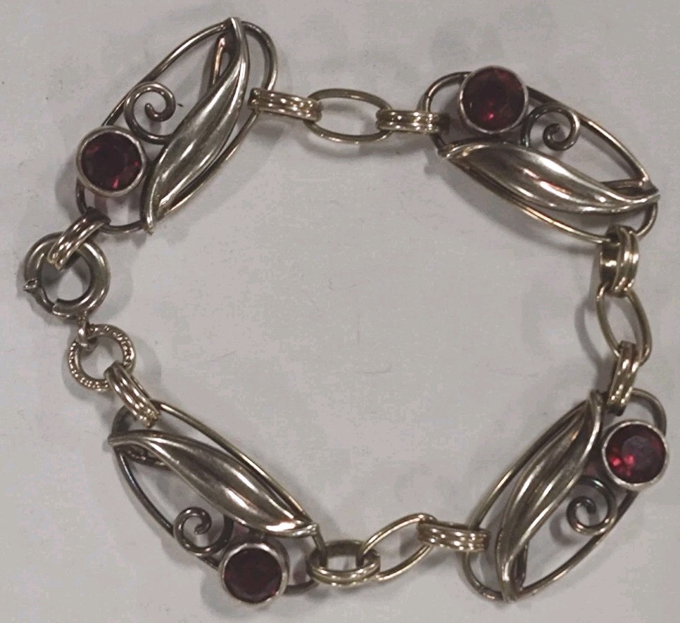 Vintage Carl Art 1/20 12K Gold Filled on Silver Bracelet Red Glass Stones Mid…