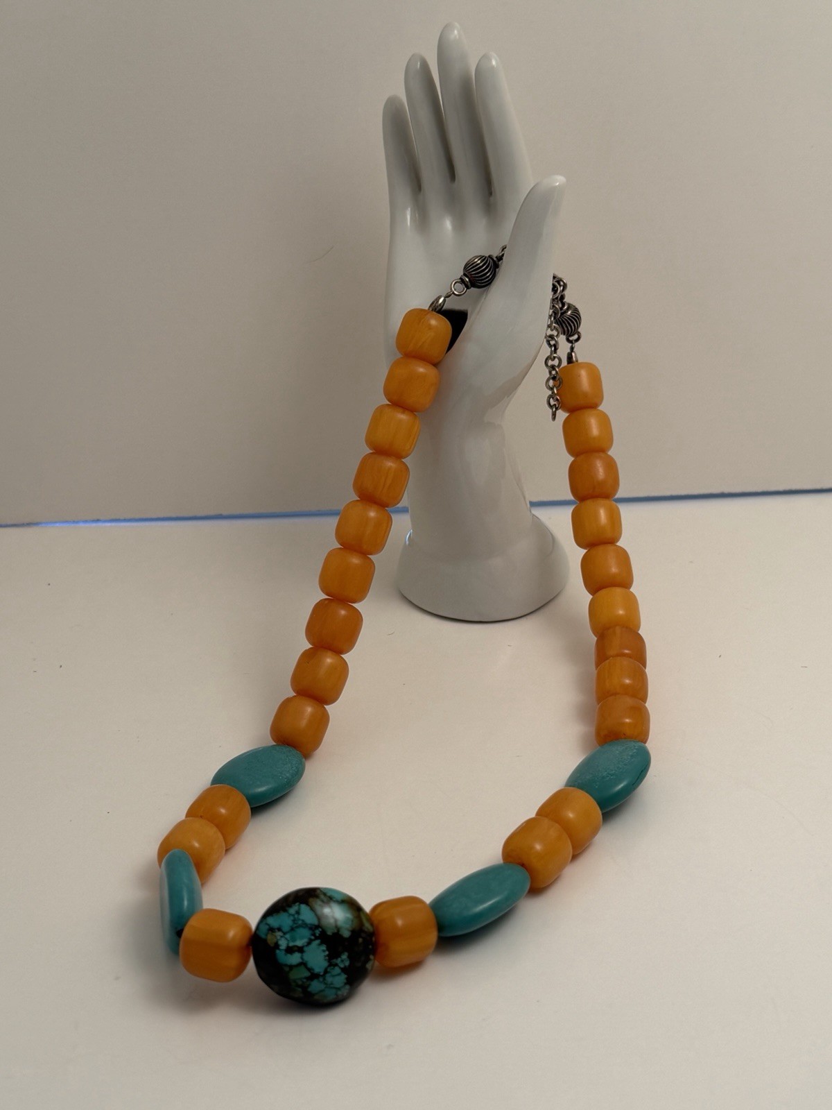 Vtg 925 Sterling Butterscotch Bakelite 17” Necklace BarrelBeads 1cm Tested 85.6g