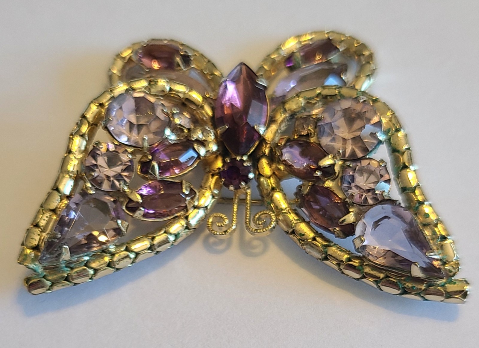 Vintage Gold Tone With Purple Rinestones Butterfly Brooch