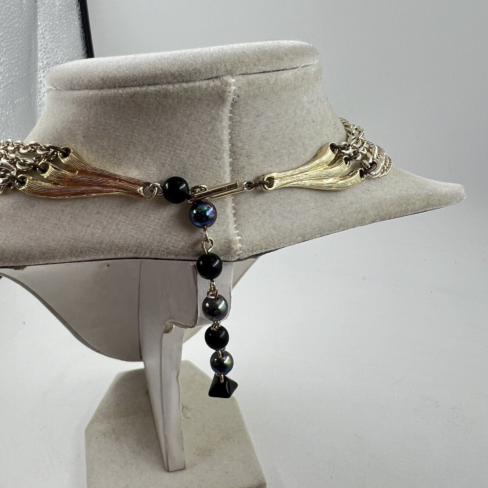 Vintage Japan Multi Strand Glass Bead And Chain Necklace Gold Black Gray