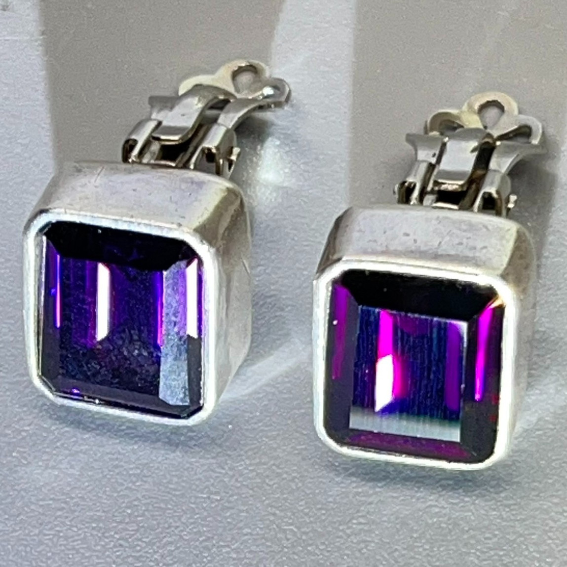 Vintage 1/2″ Square 925 Mex Sterling Silver Sparkling Amethyst Clip On Earrings