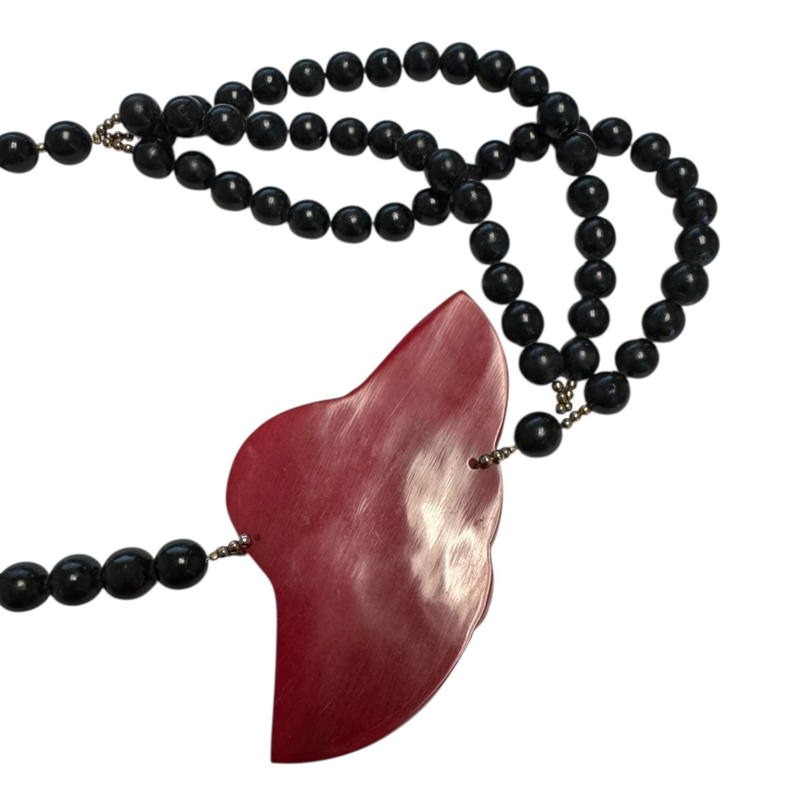 Vintage Lee Sands LS Inlaid MOP Lady in Red Hat Necklace Black Beads 13″ Figural