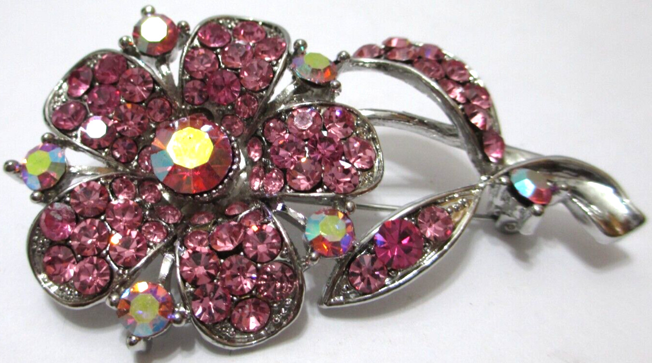 Vintage Unsigned Beauty Flower Brooch AB Pink Rhinestones Silvertone 2 1/2″ T