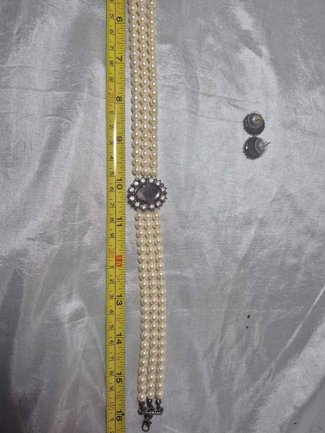 Vintage Faux Pearl 3 Strand Choker With Earrings Smokey Gray Rhinestones