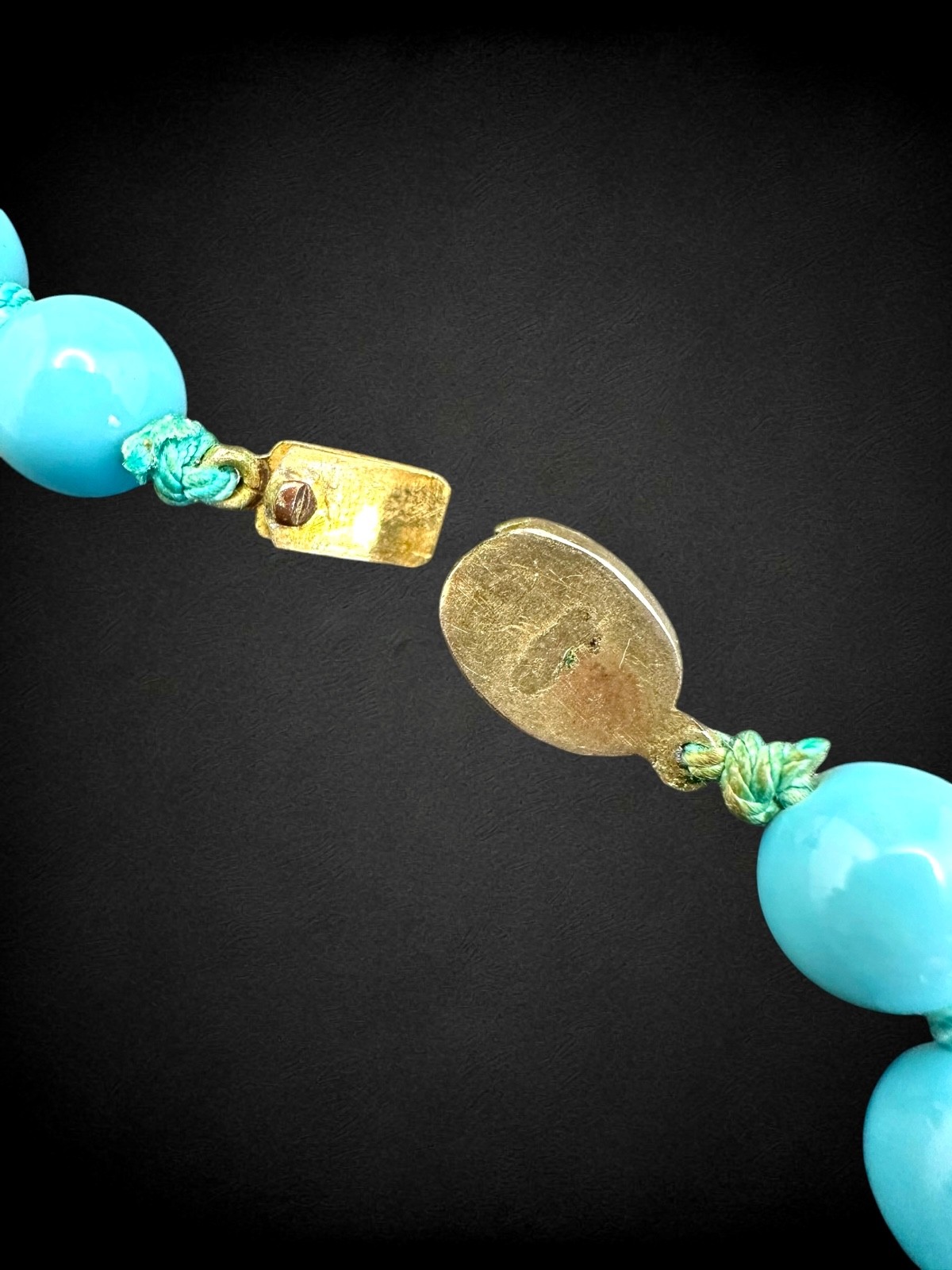 Vintage Turquoise Blue & Porcelainized Glass Bead Necklace w/ Cloisonné Clasp