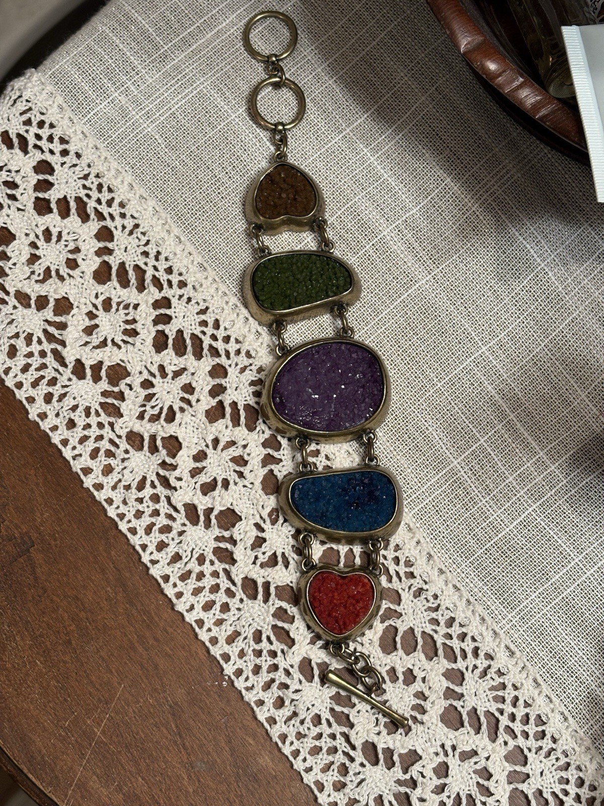 Vintage Handmade 5 Color Geode & Brass Link Chunky Bracelet Toggle Clasp BOHO