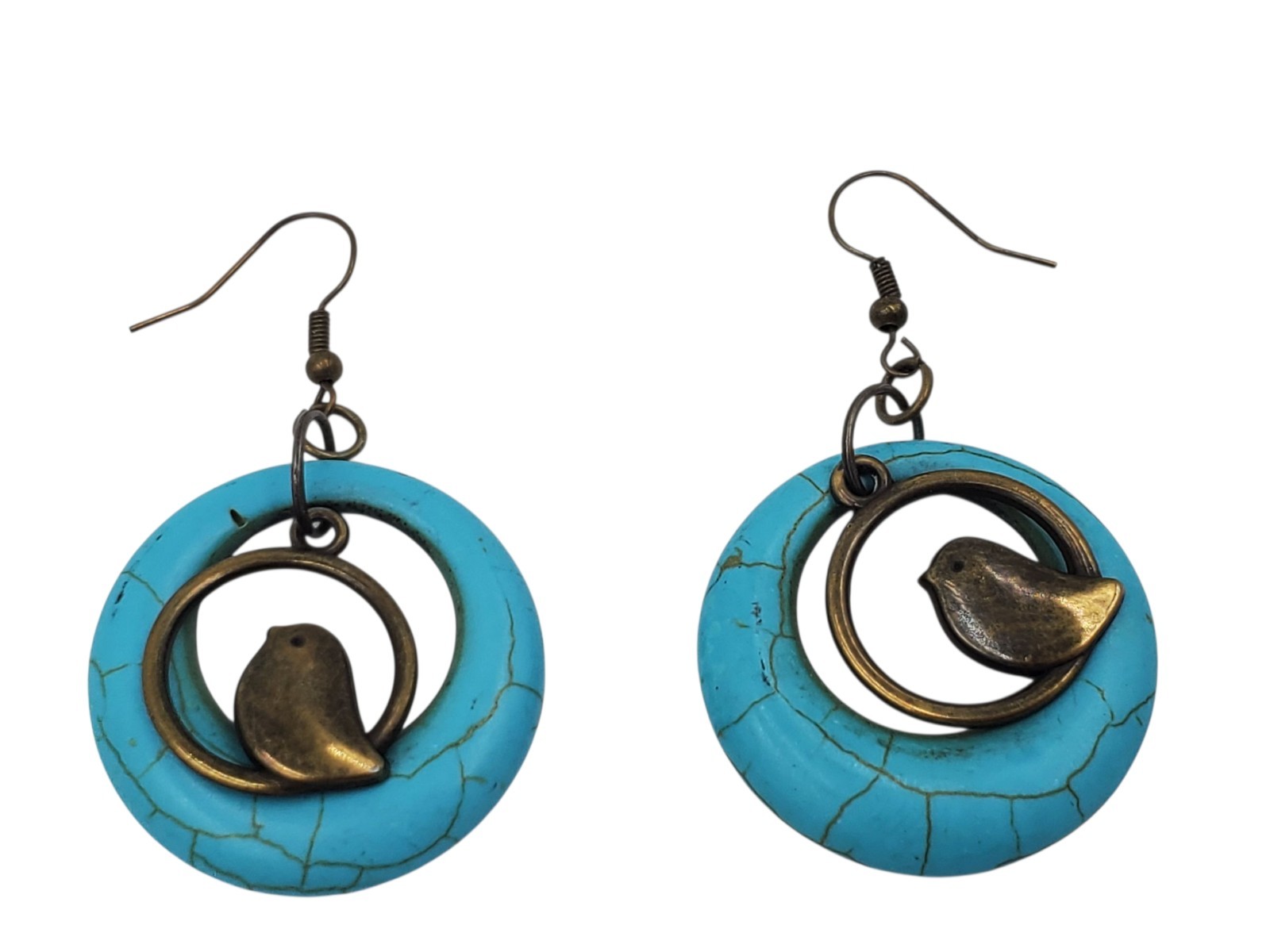 Vintage Brass and Blue Dyed Howlite Circles Dangle Bird Hook Pierced Earrings