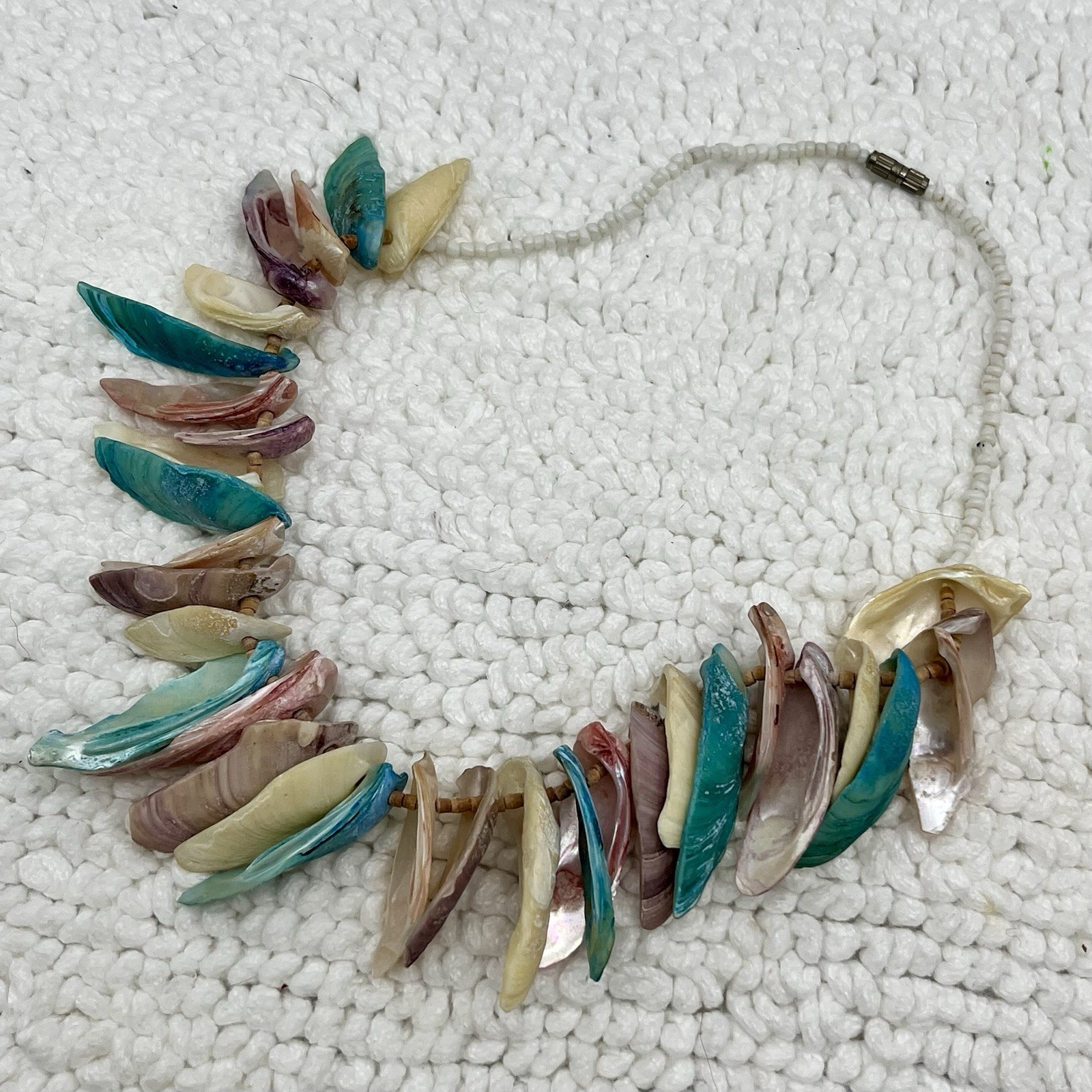 Dyed Shell Fringe Bib Necklace Multicolor Teal Mauve Ivory Beach Boho 14″