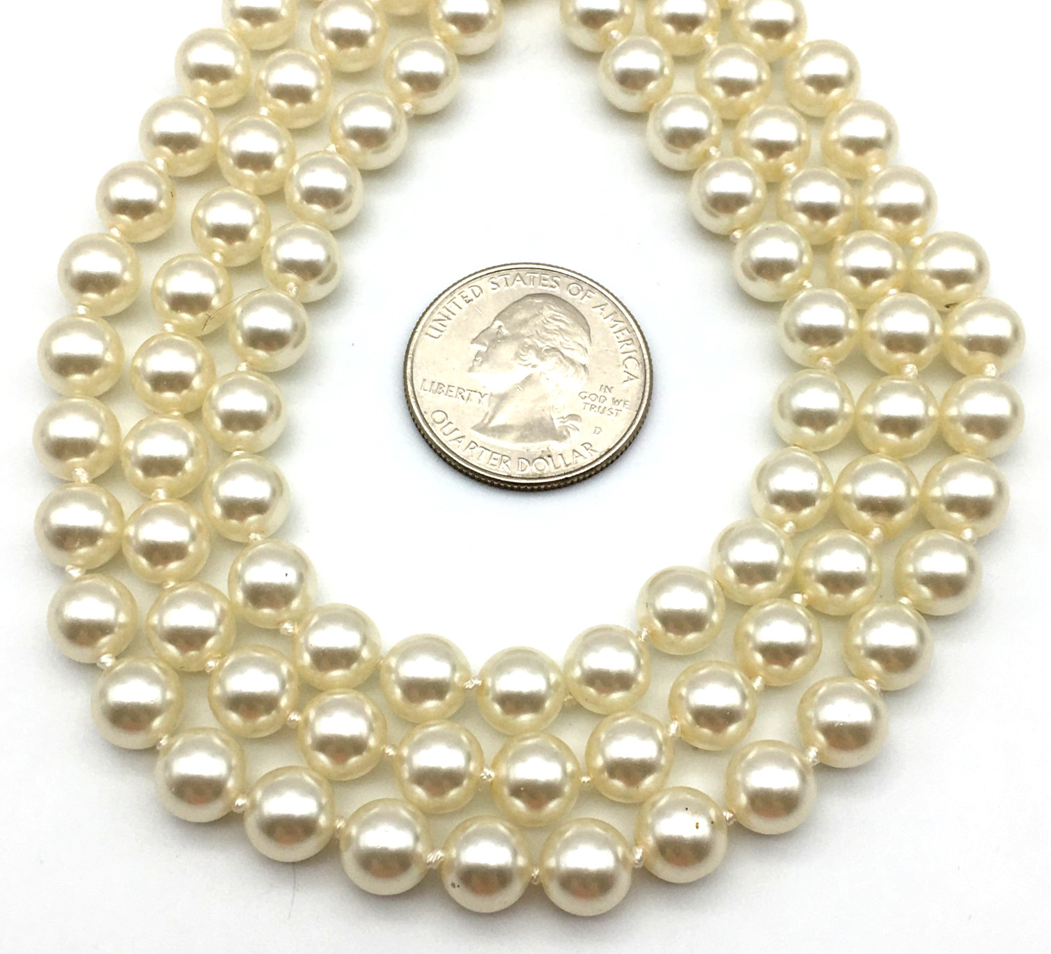 Vintage Cream Color Glass Pearls 3 Strand Hand Knot 15″ Necklace Pave Push Clasp