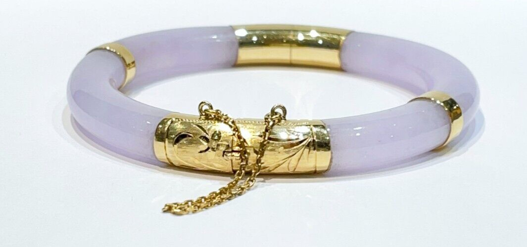 Vintage Lavender Jade Hinged 14k Yellow Gold Bangle Bracelet 8.4 mm 7″ inch