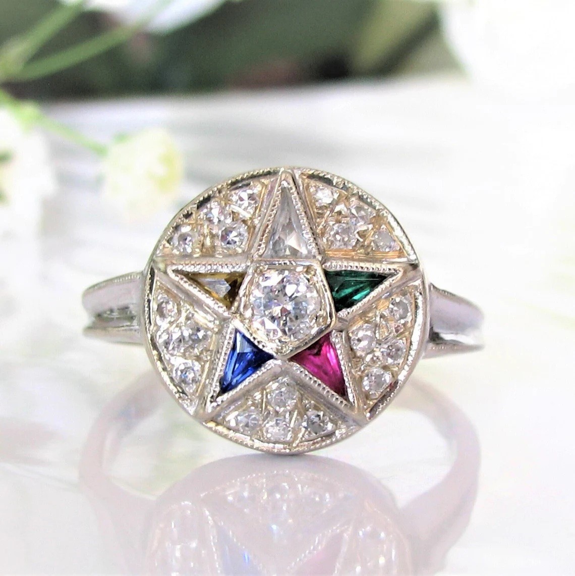 3/4 CTW Multi Shaped CZ & Round Art Deco Estern Star Wedding Ring In 925 Silver