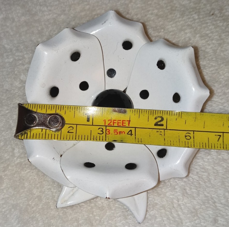 Enamel Brooch Vtg 60s Huge Pop Art White Black Polka Dots Flower Rockabilly Pin