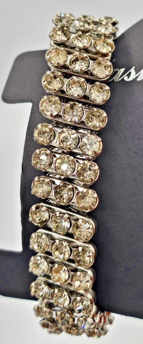 Vintage Made in Japan Rhinestone Expansion Bracelet Silver Tone