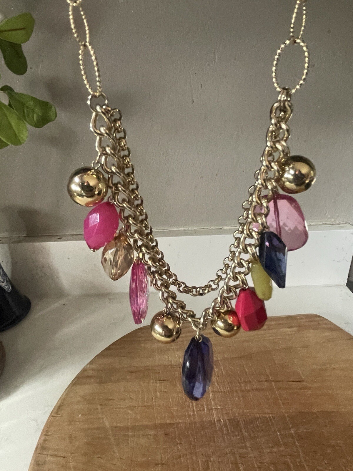 Bright Pastel Multi-Colored Faceted Faux Gem Gold Tone Double Chain Necklace 20”