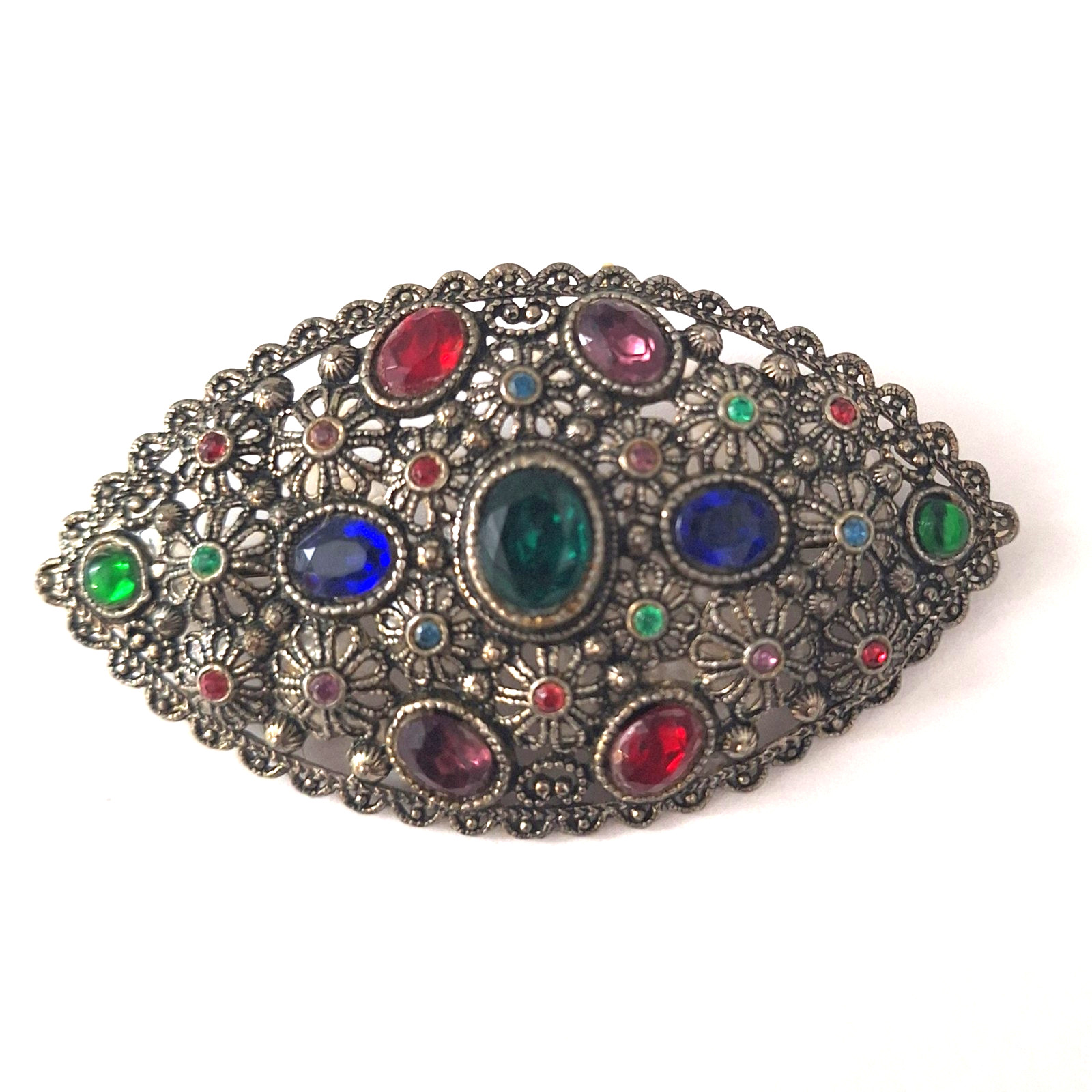 New England Glass Works Brooch Silver Tone Floral Filigree Czech Rhinestones VTG