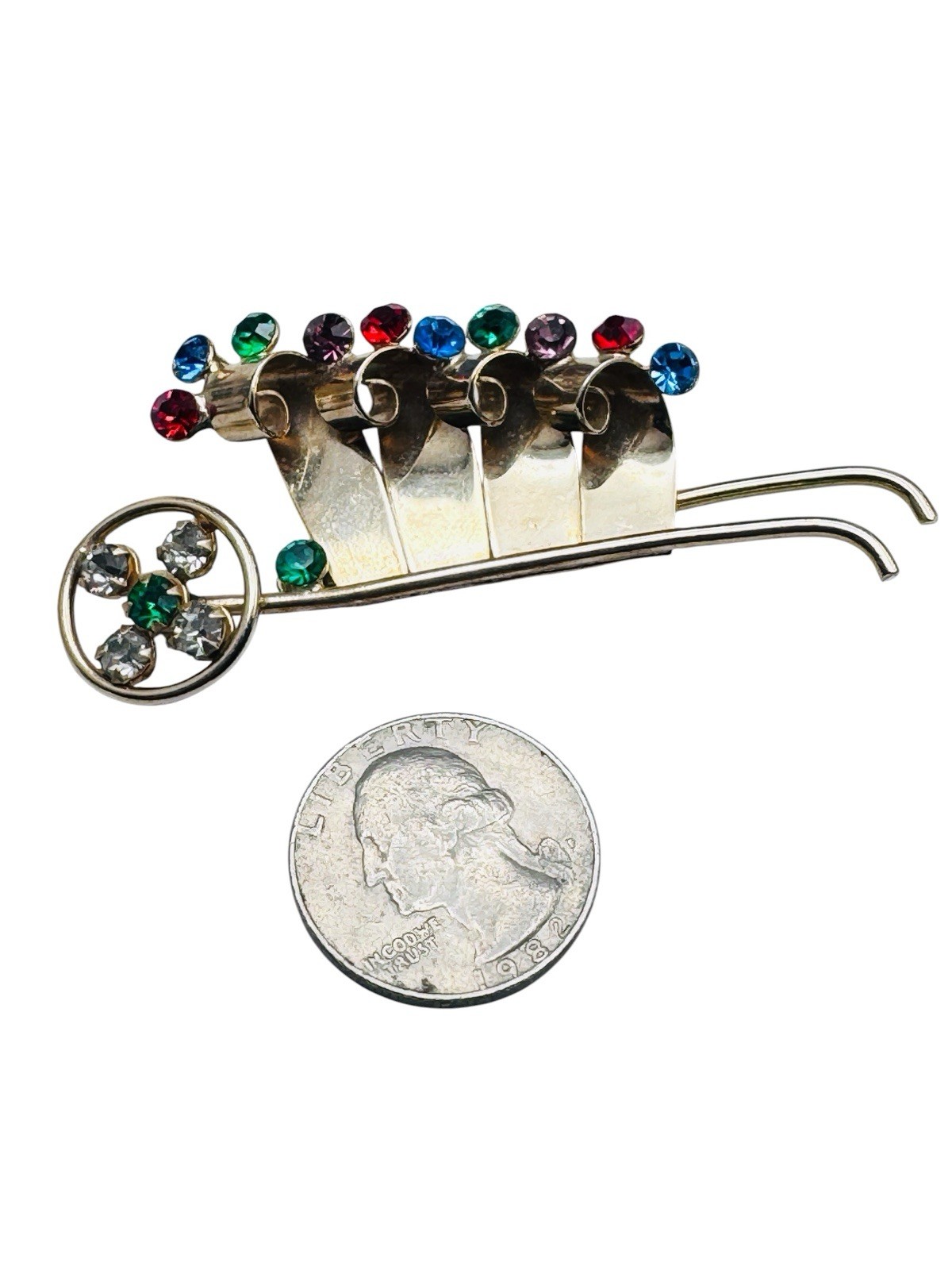 Vintage Coro? Rhinestone Jeweled Wheelbarrow Cart Brooch Very nice