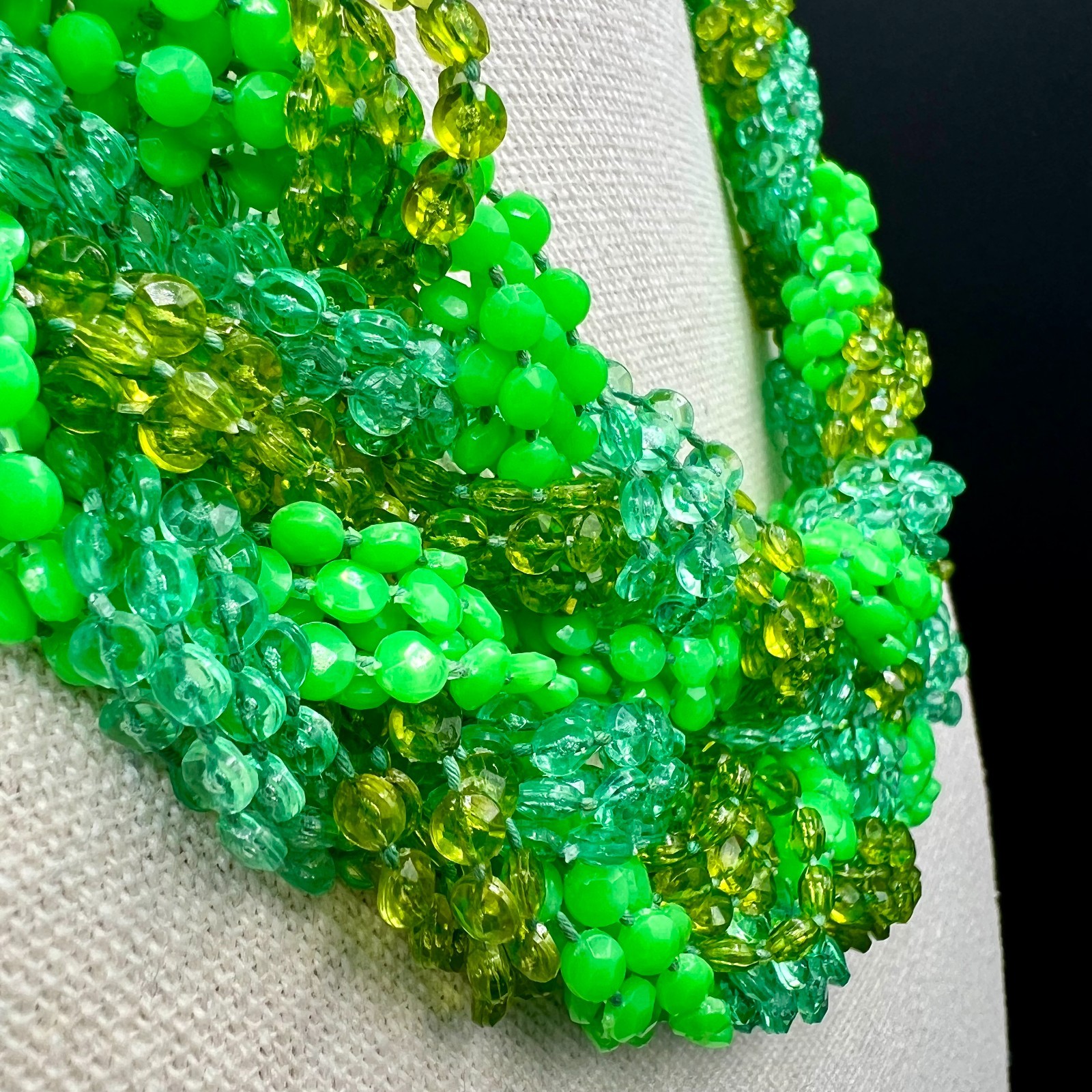 Vintage Bright Green Opera Length Necklace Torsade Twisted Beaded Statement