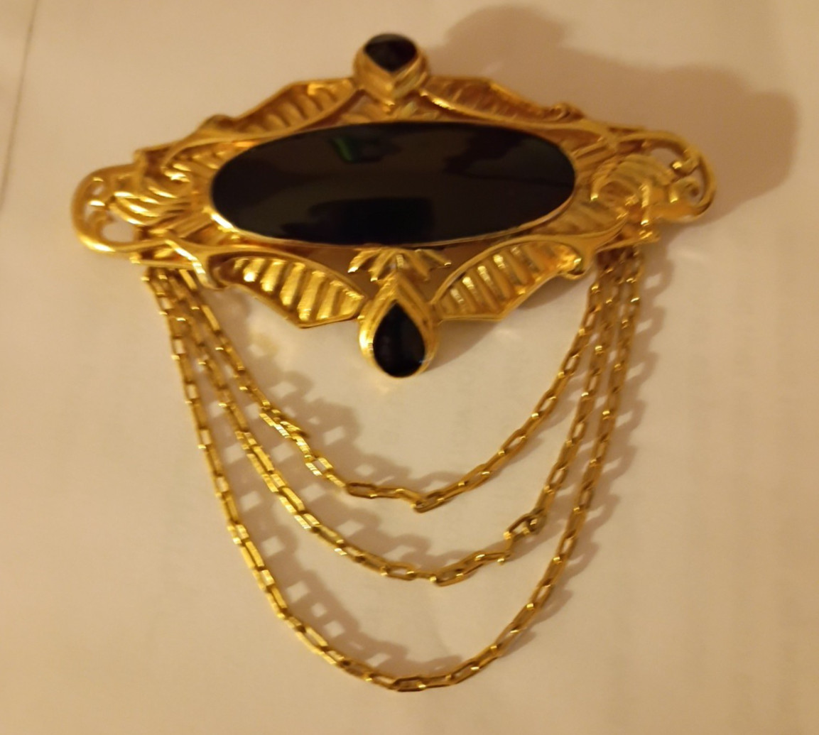 Rare Trifari Large Bar Pin Brooch Victorian Style Goth Black Enamel Gold chains