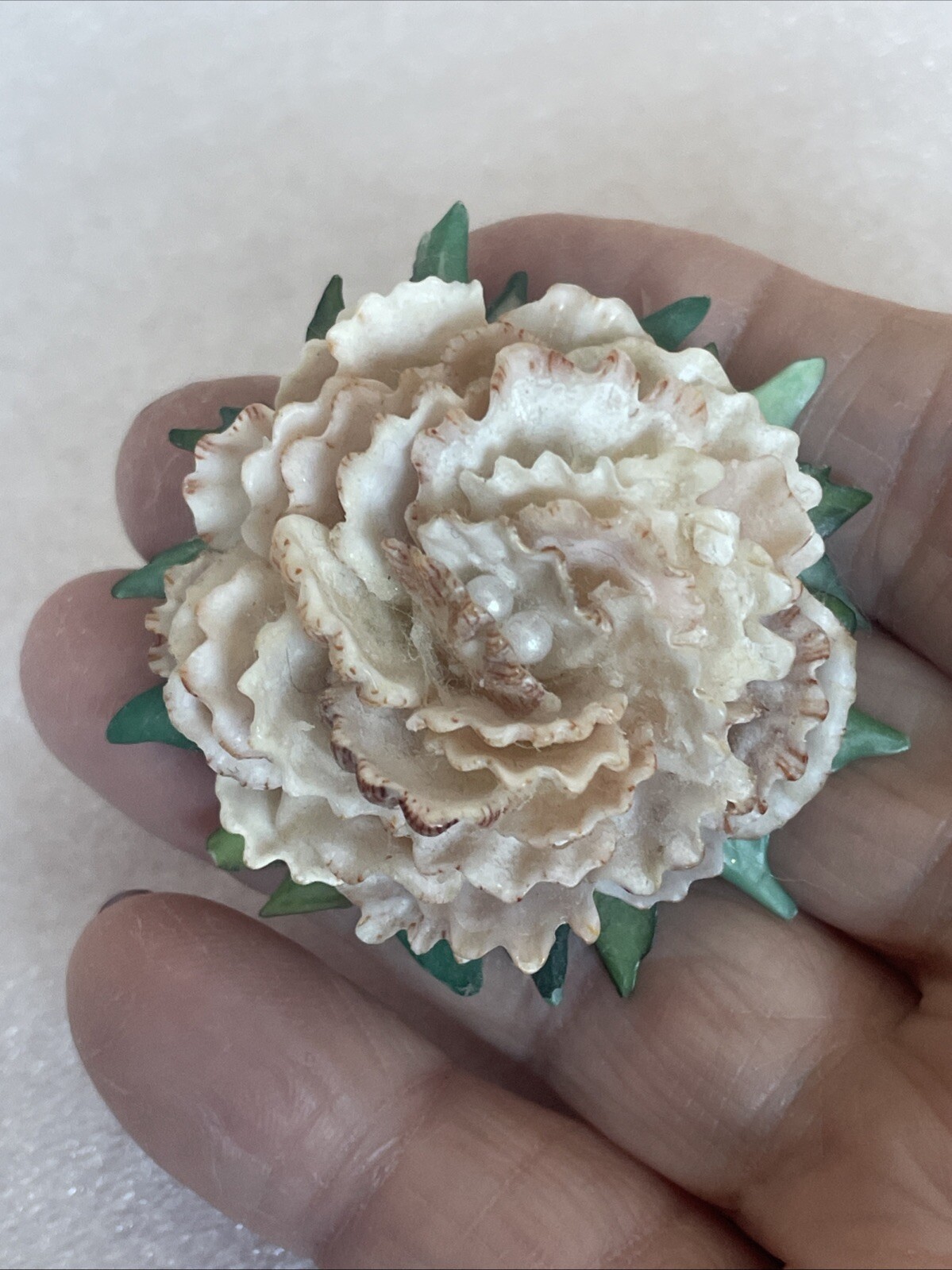 Vintage Peach And Green Celluloid Flower Brooch V27