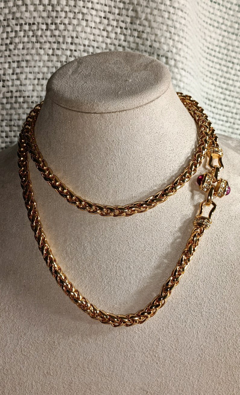 VTG Nolan Miller Chunky Red Cabochon Gold Tone Long Spiga Wheat Chain Necklace