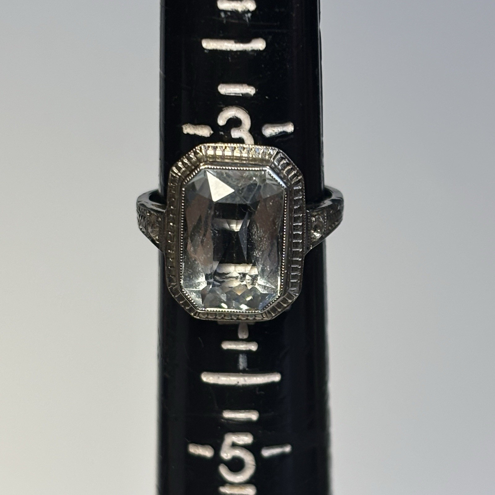 Vintage 14k White Gold Aquamarine Ring Art Deco Style Emerald Cut Estate