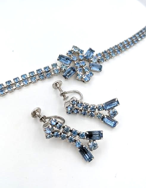 Vintage Rhinestone Bracelet Earrings Set Blue Crystal Silver Tone