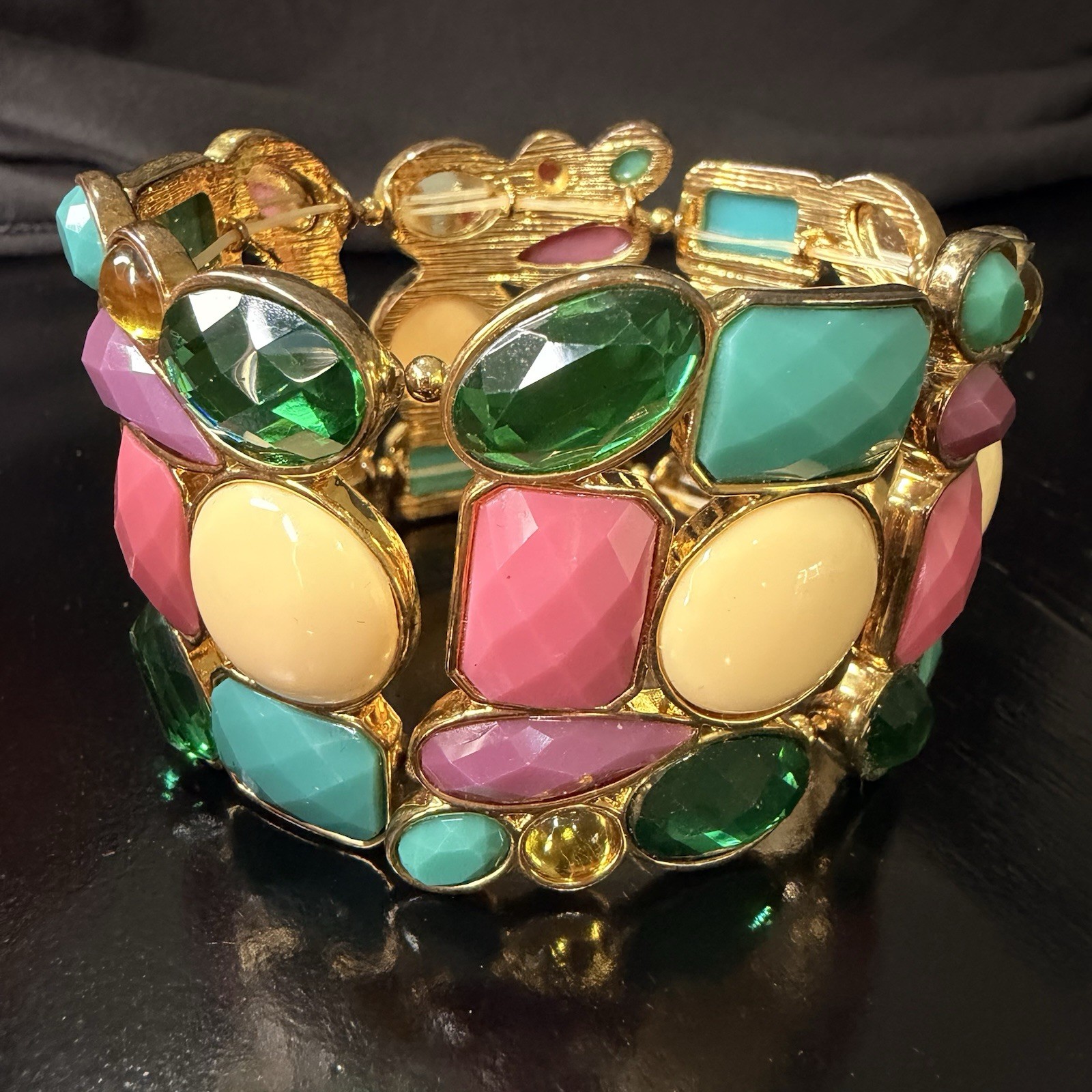 Vintage Gold Tone Faux Cabochon Bracelet Multicolor Ornate Linked Panels A1