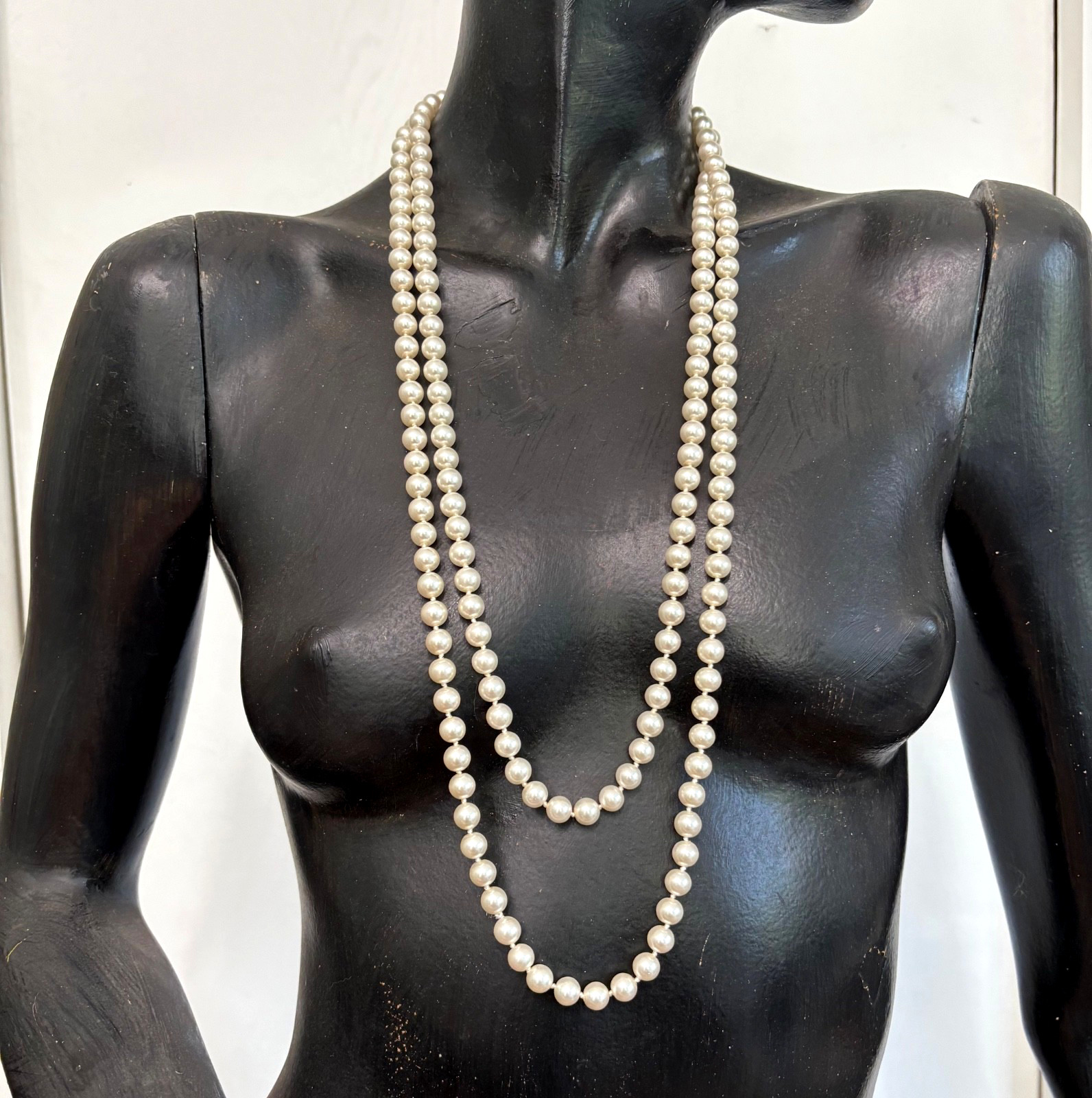 Vintage 60” White Faux Pearl Glass Hand Knotted Beaded Endless Strand Necklace