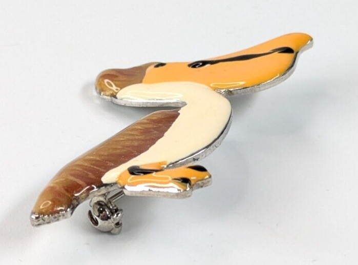 Vintage Cute Enamel Brown & White Pelican Bird Silver Tone Brooch Pin 2″