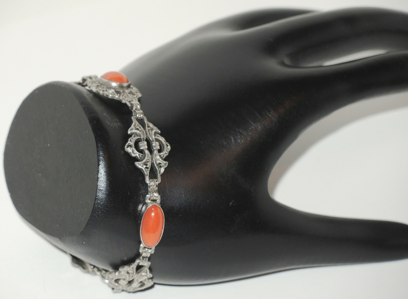 1920’s Art Deco Sterling Openwork Links Bracelet with Coral & Marcasites