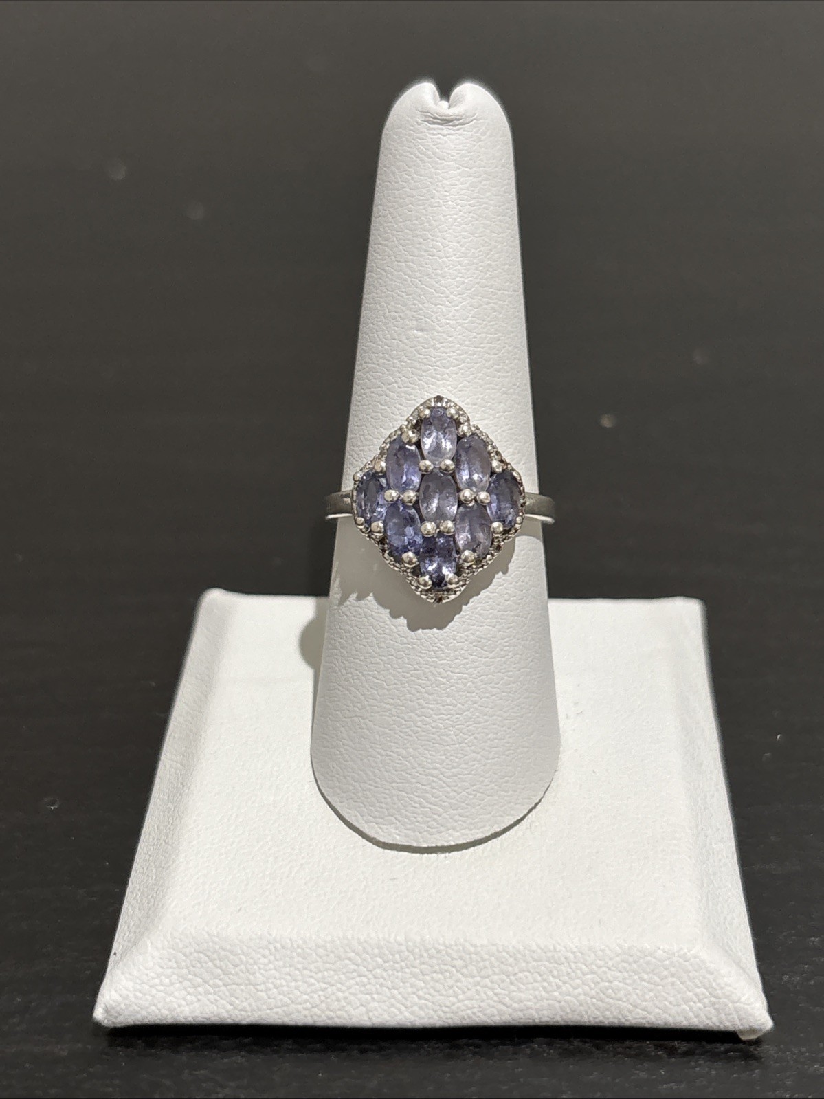 Sterling Silver 925 Blue Violet Tanzanite Style Cluster Diamond Ring Size 8 TGGC