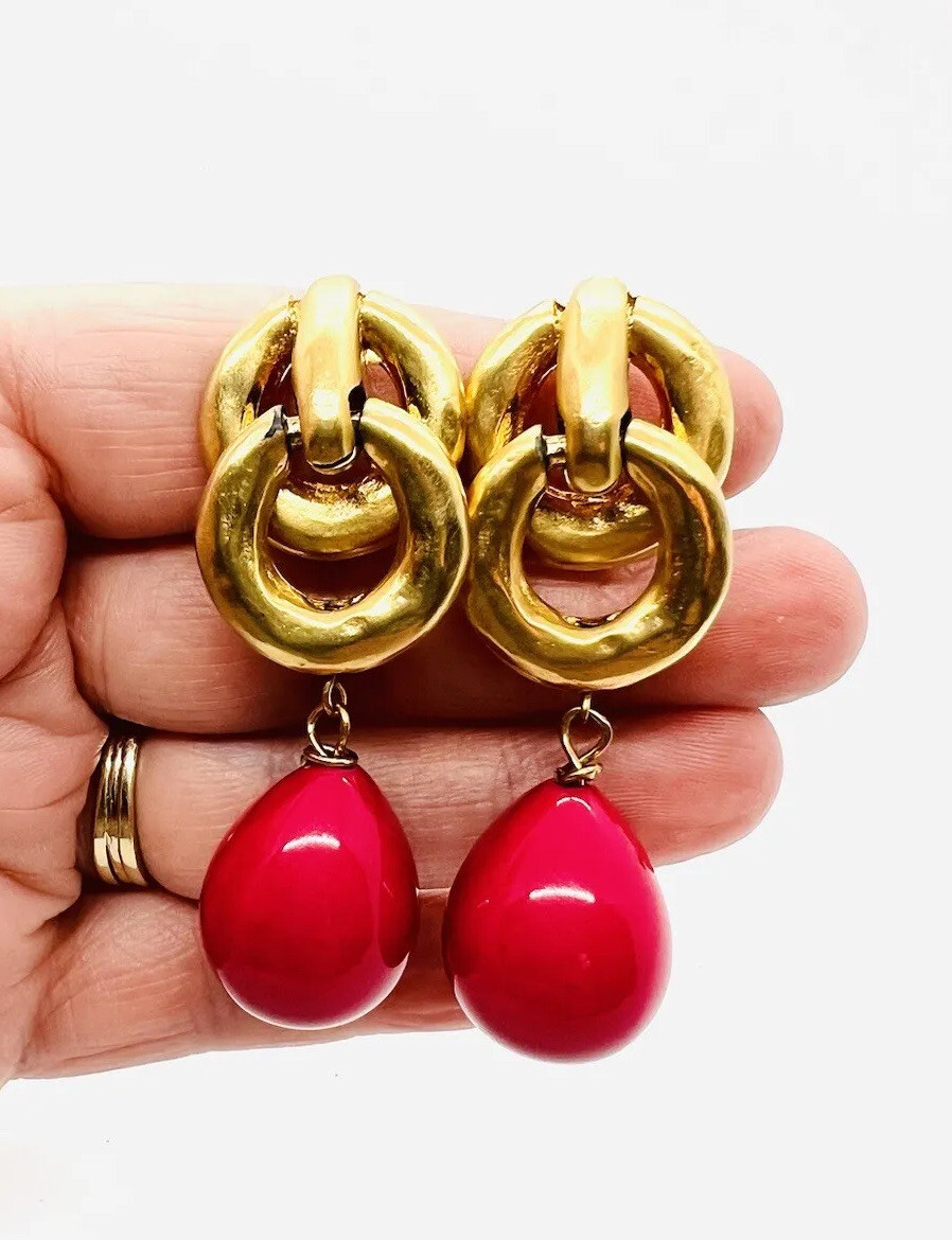 Large LES BERNARD Bright Pink Beaded Drop Dangle Earrings Signed Vintage Jewelry