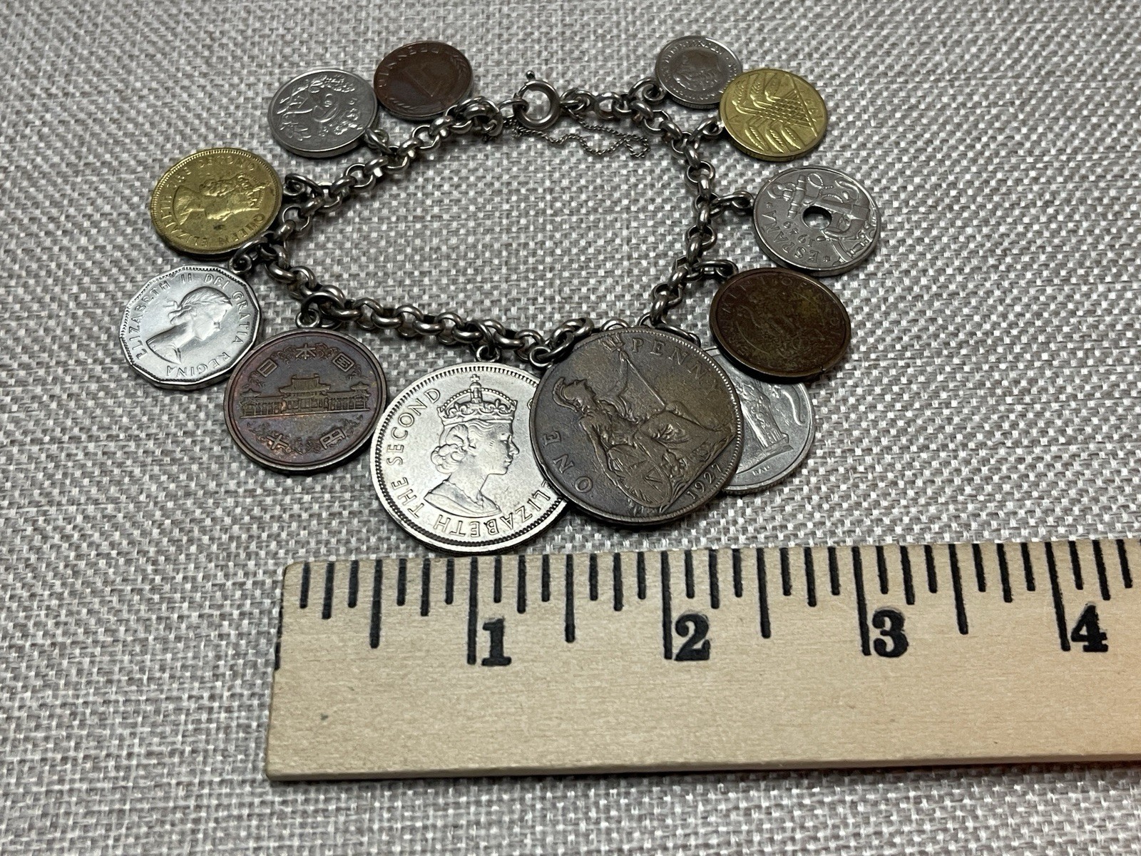Vintage 1950s 925 Sterling Silver Foreign Coin Charm Bracelet 6.5” Inch