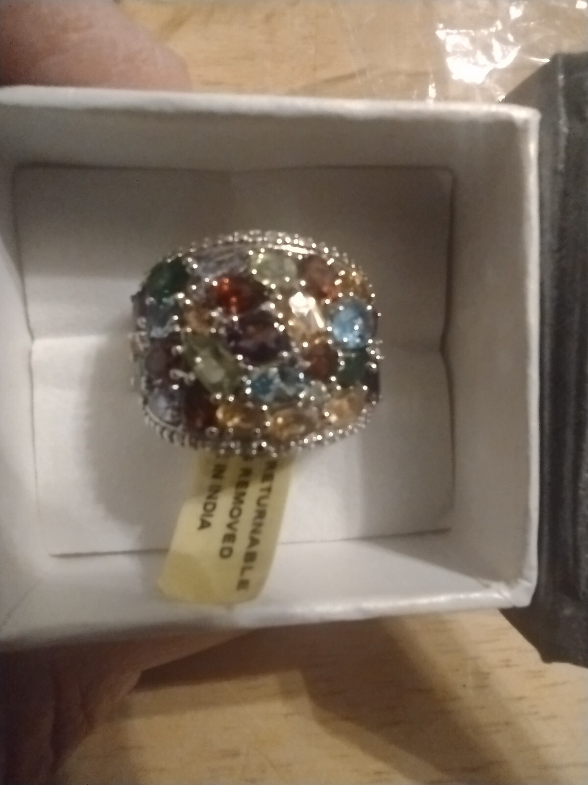 Semiprecious Stone And Silver Tone Cocktail Ring, Size 8.5 Statement Piece