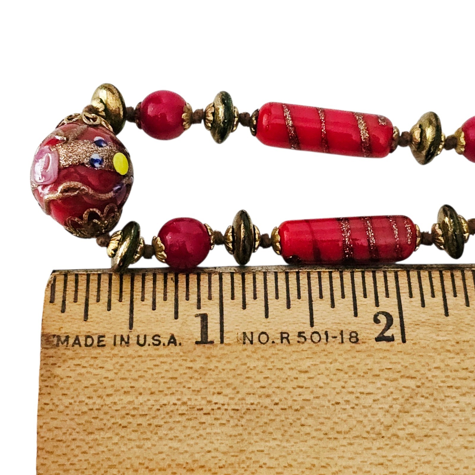 Venetian Murano Red Copper Wedding Cake Bead Necklace Hand Knot Vintage 30”