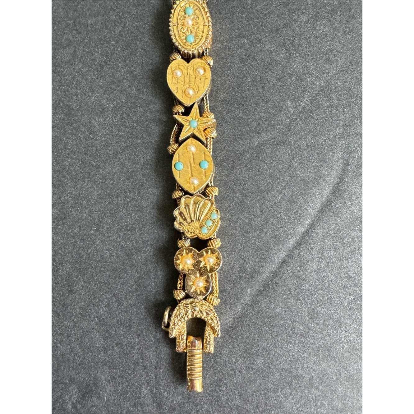 Vintage Victorian Revival Slide Charm Bracelet 60s Sweetheart Lucky Gold Tone