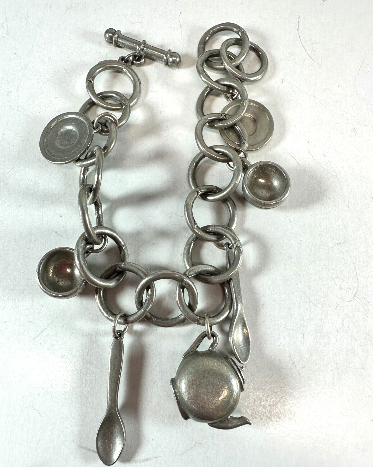 Vintage Bracelet Charm Clift Pewter Teapot Kitchen Tea time Theme Toggle Clasp