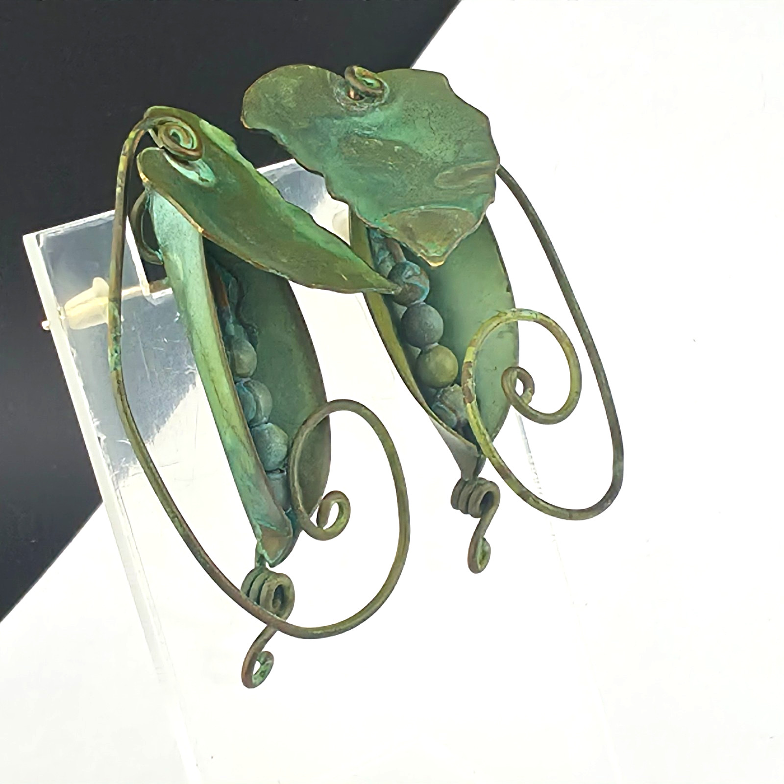 Vintage Hand Made Verdegris Green Pea Pod Drop Earrings 2″ Pierced