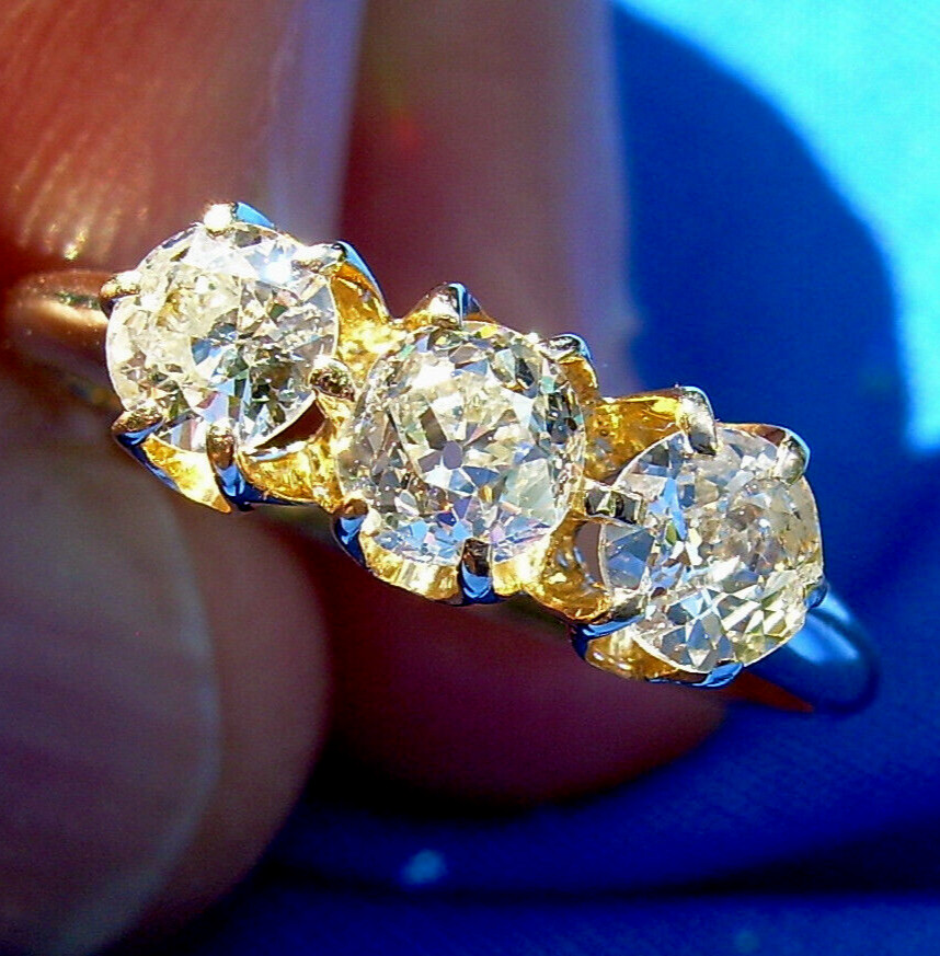Original EARTH MINED DIAMOND 3 stone Deco Anniversary Wedding Ring Antique Band