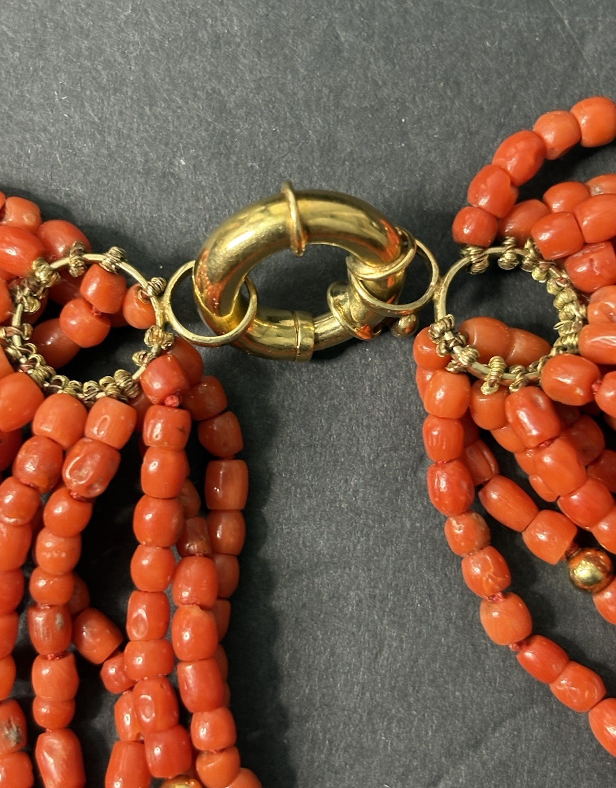 Vintage 18k Gold Multi Strand Coral Necklace Statement Chunky European 17”