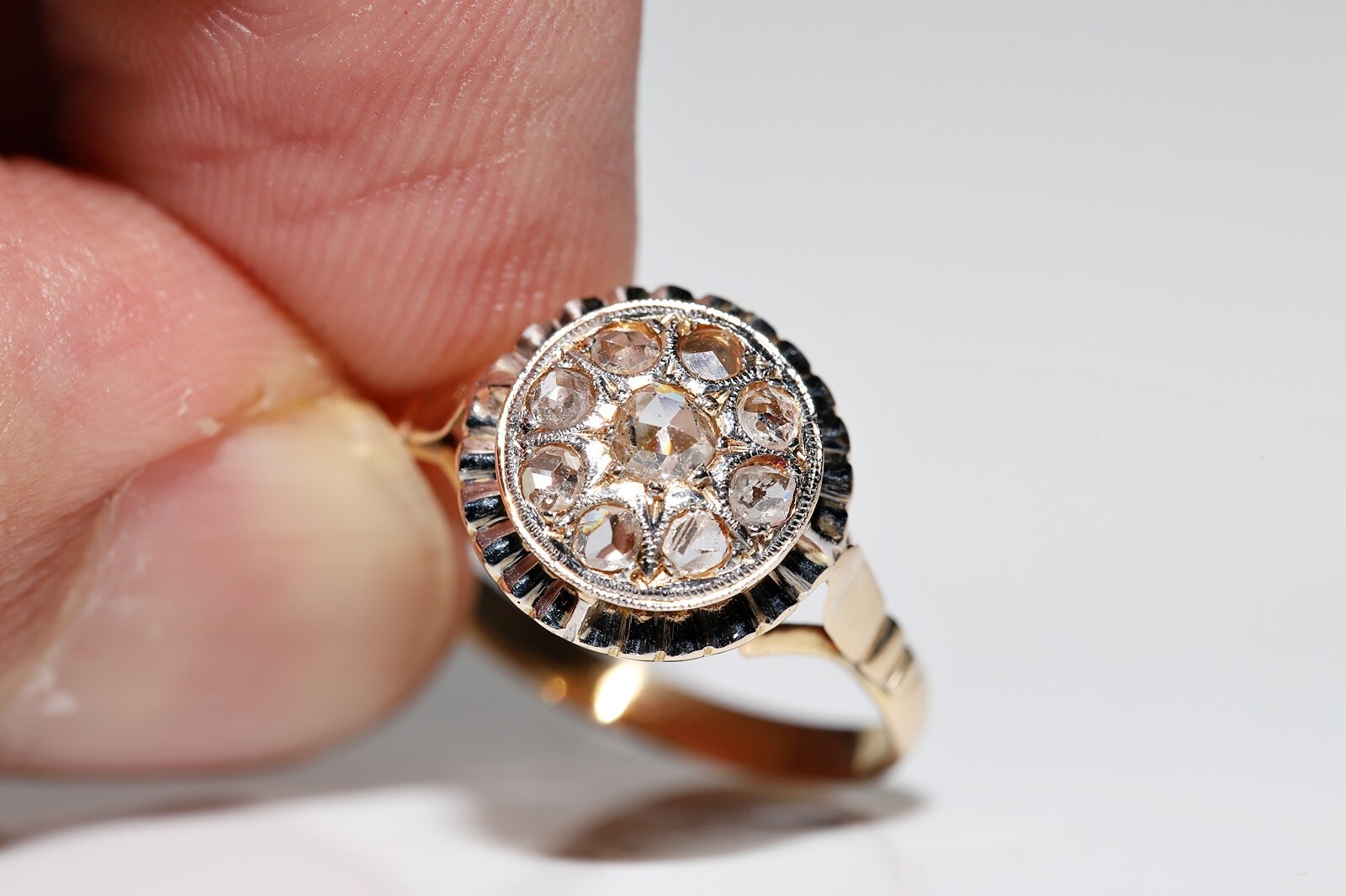 Antique Circa 1920s 18k Gold Natural Rose Cut Diamond Decorated Ring