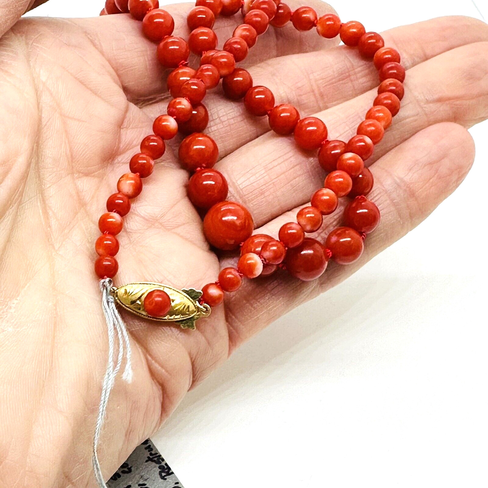Natural Red Coral 9 mm x 4 mm Strand 18k Yellow Gold Necklace 17.5″